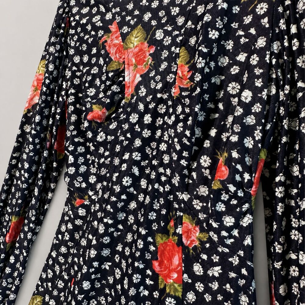 Vintage Handmade Navy Floral Dress Long Sleeve High Neck Cottagecore Midi Maxi - Picture 6 of 10